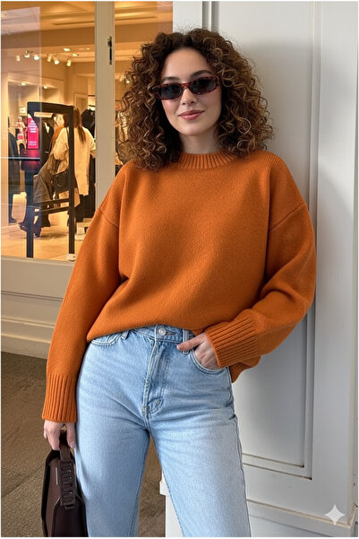K-ODEA BUTİK Pulover de tricotat ORANGE supradimensionat pentru femei - Textura moale guler rotund