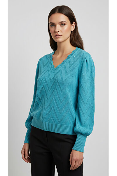 Digz fashion Turkuaz V Yaka Desenli Triko Kazak