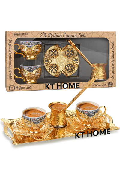 KT HOME Kahve Fincanı Türk Kahvesi Sunum Seti Metal Fincan Takımı Bakır Tepsi...