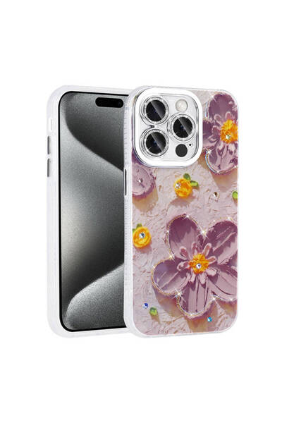 zore غطاء حماية لهاتف آيفون 15 برو ماكس بنمط زهور وحجر لامع من السيليكون الصل...