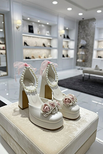 Modavien Kadın 10 Cm Platform pembe gül detaylı Gelin Ayakkabısı