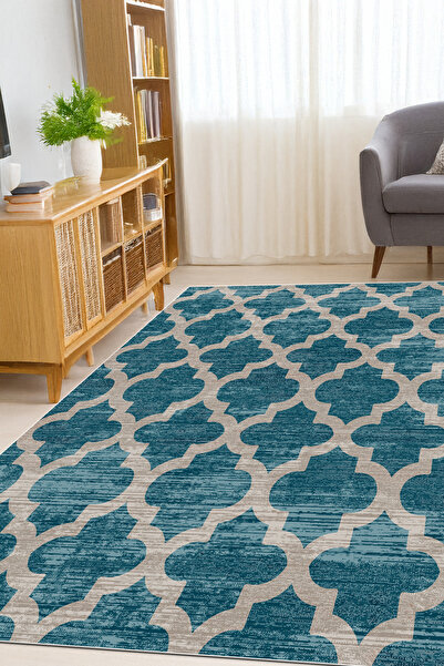 Halise Home Fas Desenli Turkuaz Renk Eskitme Kaymaz Tabanlı Yıkanabilir Baskı...