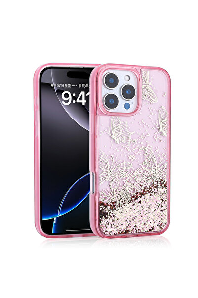 zore حافظة آيفون 14 برو ماكس سائلة لامعة على شكل فراشة مطبوع سطح خلفي شفاف غطاء سيليكون NXXA Glis - Pem