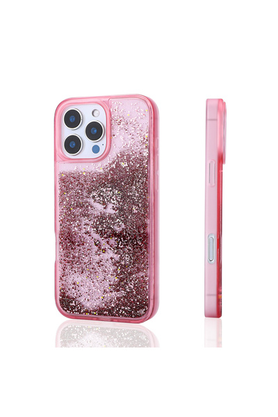 zore iPhone 16 Pro Case Liquid Glitter Transparent Back Surface Nxxa Keto Silicone Cover - Pink