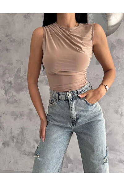 bysoca Bluză pentru femei Mink guler rotund Boynu drapat Zero Sleeve material...