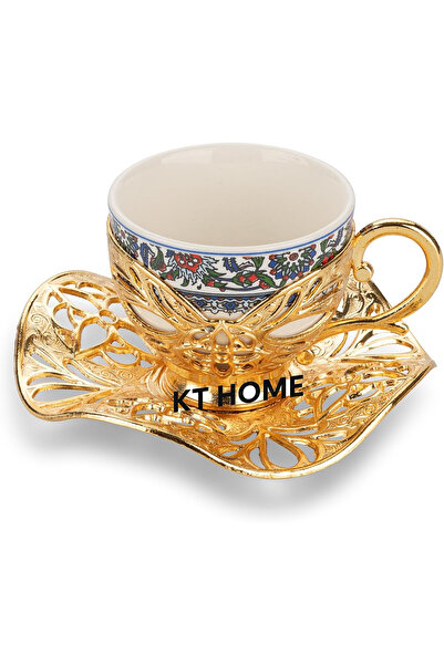 KT HOME Coffee Cup Turkish Coffee Presentation Set Metal Cup Set with Copper Tray and Coffee Pot 2-Piece Topkapı