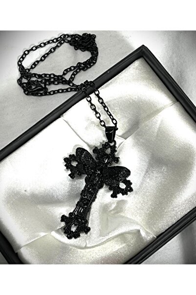 DÜKKAN DESİGN SİYAH ÖLÜM BAŞLI KELEBEK HAÇI KOLYESİ