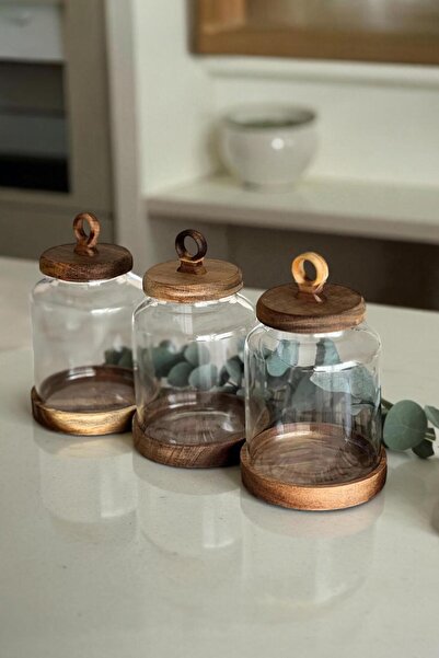 GLAMZE 3'lü Akasya Kapaklı Kavanoz Seti 1100 ml