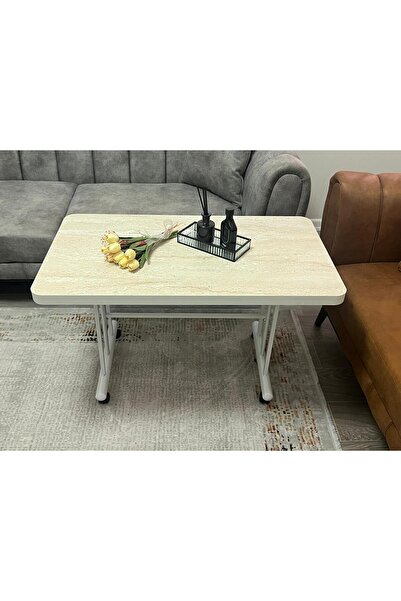 TNC SEHPA Tekerlekli Metal Orta Sehpa 60x102x55 Traverten Beyaz