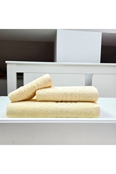 Kotonia Home Set of 3 Greek Border Jacquard Plush Luxury Bath Towels - 100% Cotton, 500g/sqm, ivory