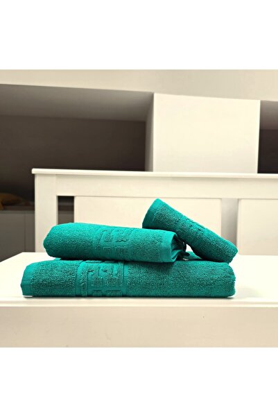 Kotonia Home Set of 3 Greek Border Jacquard Plush Luxury Bath Towels - 100% Cotton, 500g/sqm, azure green