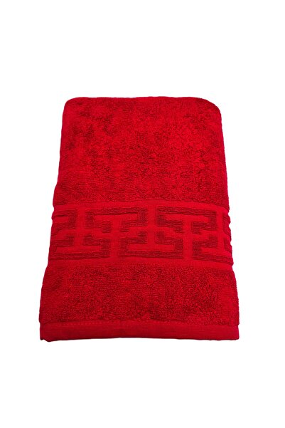 Kotonia Home Set of 3 Greek Border Jacquard Plush Luxury Bath Towels - 100% Cotton, 500g/sqm, red