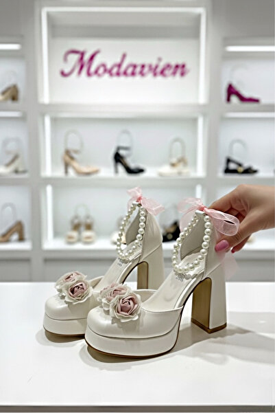 Modavien Kadın 10 Cm Platform pembe gül detaylı Gelin Ayakkabısı