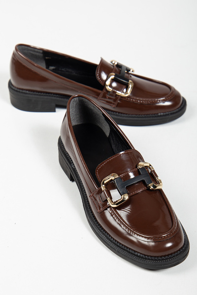 derim shoes Women's Brown Patent Leather Buckle Loafer Shoes