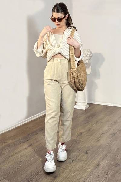 ZEYN ESTİLO Kadın Keten Gömlek Çizgili Oversize