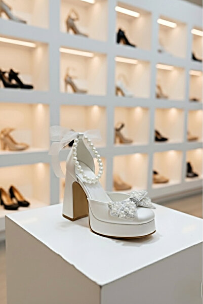 Modavien Kadın 10 Cm Platform inci fiyonklu Gelin Ayakkabısı