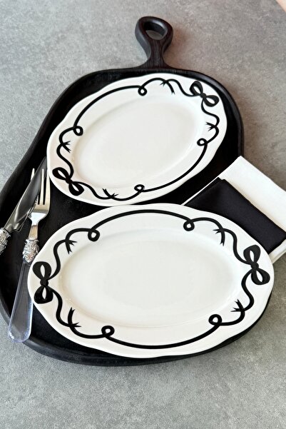porselenden Bow Tie 2-Piece 25 cm Medium Size Porcelain Black Mezelik Boat Plate with Ribbon Pattern (2 Pcs)