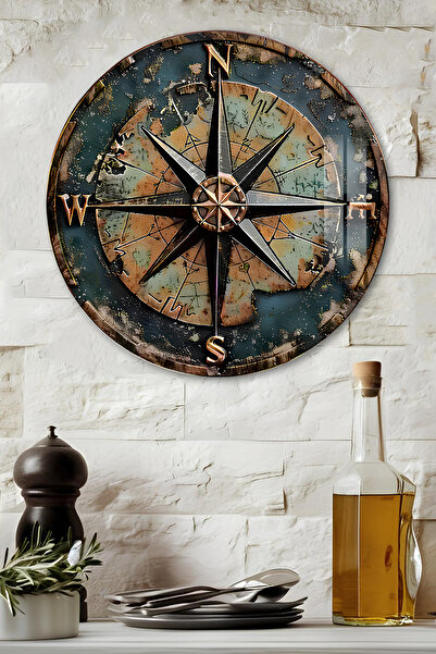 kutuTR 3D Görünümlü Temperli Cam Tablo – Pusula ve Harita Temalı Duvar Süsü U...