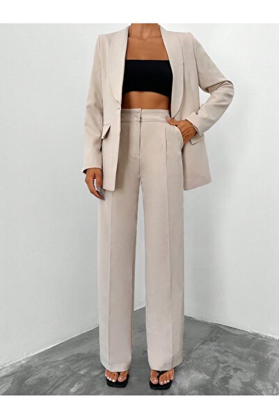 Papillon Tekstil Krem Tek Düğmeli Blazer Ceket Cepli Palazzo Pantolon Takım E...