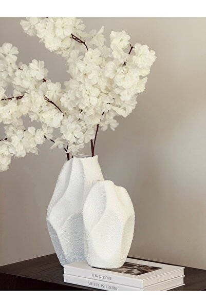 AYSA HOME DECOR Nu Ceramic White Set of 2 Textured Stoneware Vases