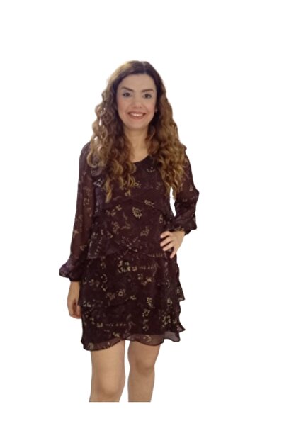 ZY BUTİK Coffee Floral Long Sleeve Chiffon Short Dress