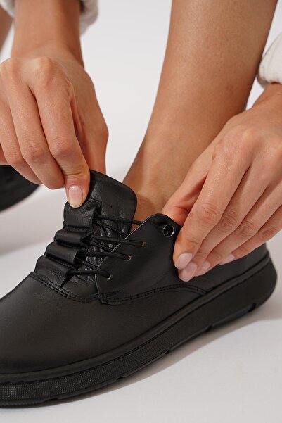 Moda Pie Tande Hakiki Deri Pileli Lastikli Kadın Ayakkabı Siyah