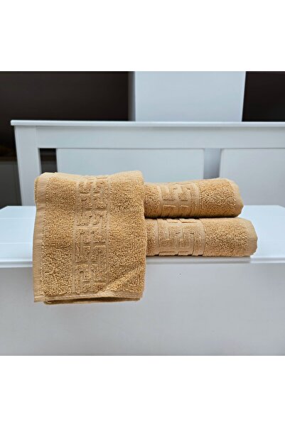 Kotonia Home Set de 3 prosoape de baie luxoase din pluș cu model jacquard cu bordură grecească - 100% bumbac, 500g/mp, cappuccino