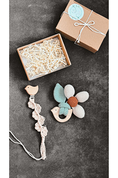 Bohem vitrin Kuş Figürlü Emzik Askısı ve Diş Kaşıyıcı Seti – El Örgüsü Makrom...