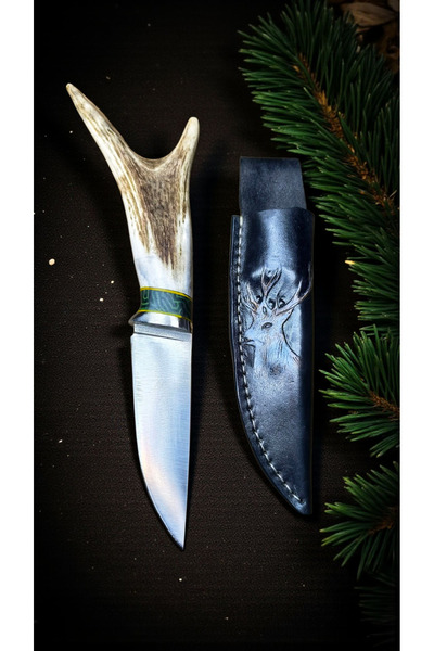 precious El Yapımı N690 Çelik Geyik Boynuzu Saplı Bıçak – Geyik Figürlü Vaket...
