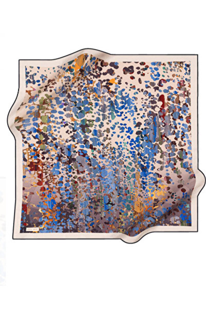 Aker Nostalji Sura Saf İpek Eşarp 8926701 - 324 Krem Mavi Leopar Desen