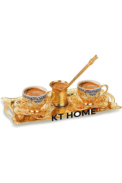 KT HOME Coffee Cup Turkish Coffee Presentation Set Metal Cup Set with Copper Tray and Coffee Pot 2-Piece Topkapı