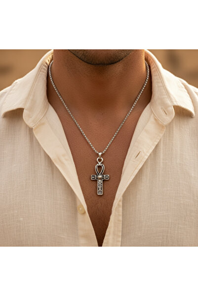 Alooya Ankh Anahtarı - Nil'in Anahtarı Gümüş Kaplama Örme Zincir Kolye