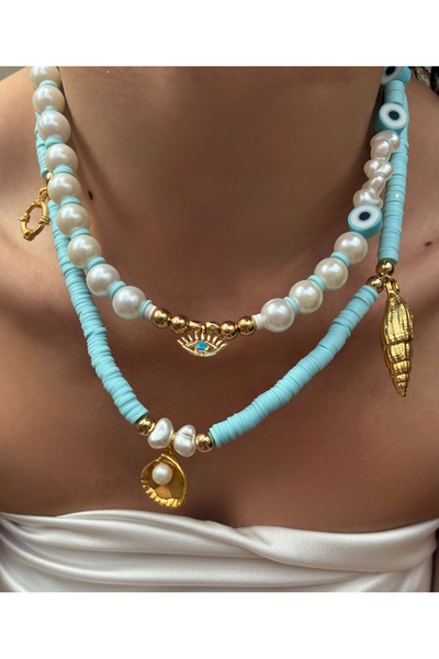 DeNors İncili Göz Detaylı Kolye | Fimo Boncuklu Charmlı Kolye | İkili Kolye S...