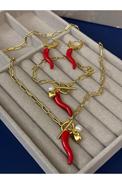 Idarosa Concept Kırmızı Biberli, İncili, Kalpli, Büyük Halkalı Çengel Model Kolye, Bileklik, Küpe Çelik Set KARARMAZ
