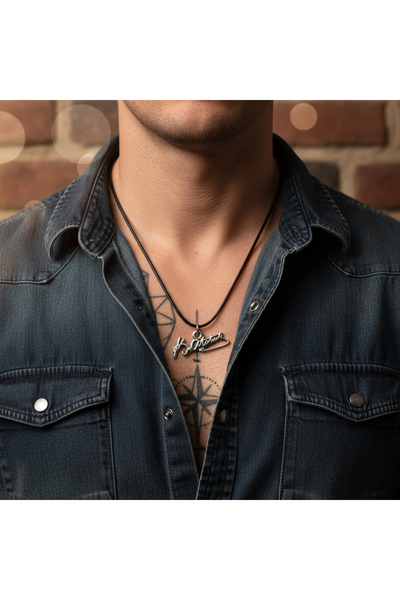 Alooya Mustafa Kemal Atatürk İmzalı Gümüş Kaplama Deri İp Kolye