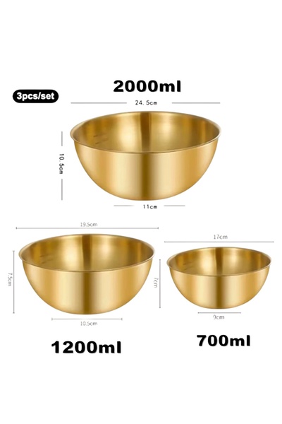 zezedesing Gold 3-Piece Stainless Steel Measuring Bowl/Kneading Bowl/Mixing Bowl/Fruit Bowl/Whisk Bowl - Salad Bowl