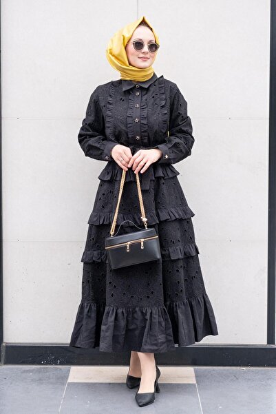 Ghisa Shirt Collar Semi Stone Buttoned Floral Pattern Ruffled Guipure Dress