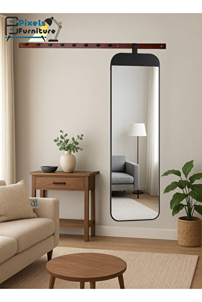 PixelsFurniture Wooden wall-mounted shelf with mirror and 8 clothes hooks from Pixel Furniture, 135*40*120cm