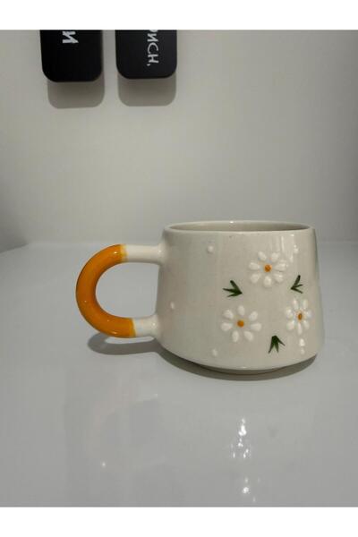 Bumelo طقم فناجين قهوة سيراميك مزخرفة يدويًا 3 قطع بتصميم زهرة الأقحوان الصفراء