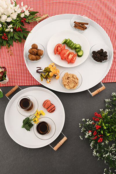 AKSESUAR EVRENİ London 2-Piece (51, 31 cm) White Presentation Metal Serving Tray Set Breakfast Wooden Handle Treat Tray