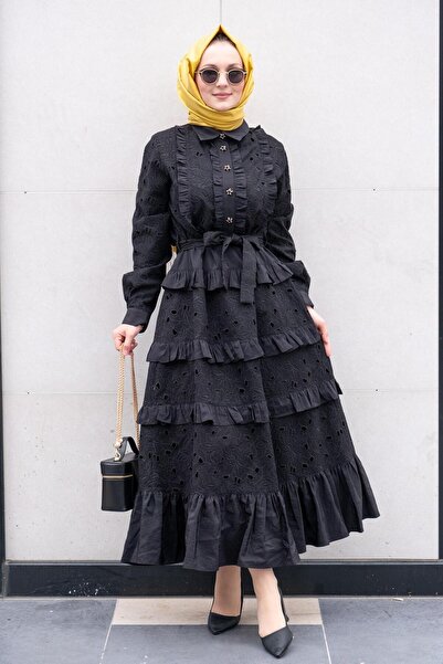 Ghisa Shirt Collar Semi Stone Buttoned Floral Pattern Ruffled Guipure Dress