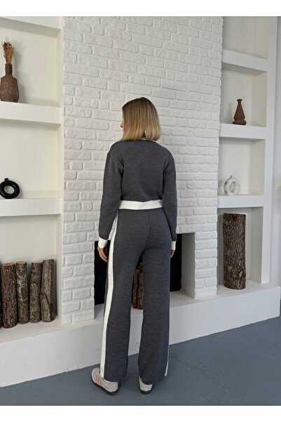 Nivora Style Paneled Stripe Detail Long Sleeve Crop-Pants Knitwear Cotton Women's Bottom-Top Set