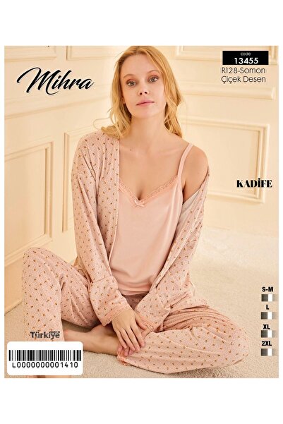 Mihra Somon Çiçek Desenli Kadife 3’lü Kadın Pijama Seti