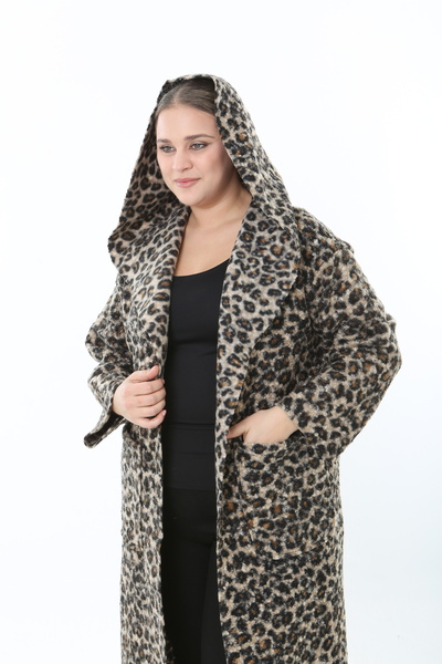 XL Modam Women's Pompon Coat Hooded Large Size Leopard Coat