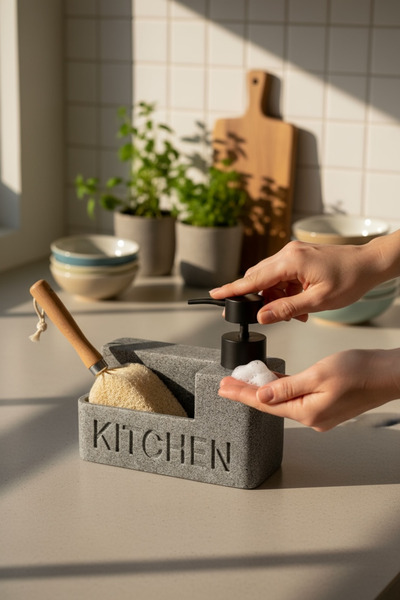 zezedesing Gray Natural Stone Textured Black Polyresin Kitchen Liquid Soap Dispenser with Pump and Reservoir 750 ml