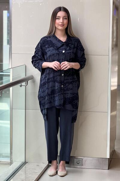 Mahal Crochet Knitwear Asymmetrical Front Detailed Shirt Pants Set