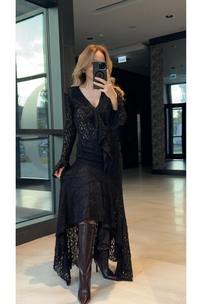 FEMİAS Black Asymmetric Cut Lace Skirt