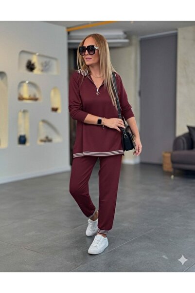 JANES Women's Long Sleeve Zipper Stripe Detail Patterned Top and Bottom Two-Piece Viscose Two-Thread Set