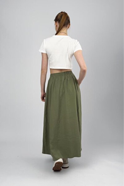 Betimoda Women's Pocketed Elastic Waist Modal Midi Skirt Khaki