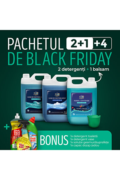 Luxe Wash Pachet 10L Detergenti + 5L Balsam + Cupa Dozaj, Solutie Toaleta, Solutie Vase si Solutie Geamuri